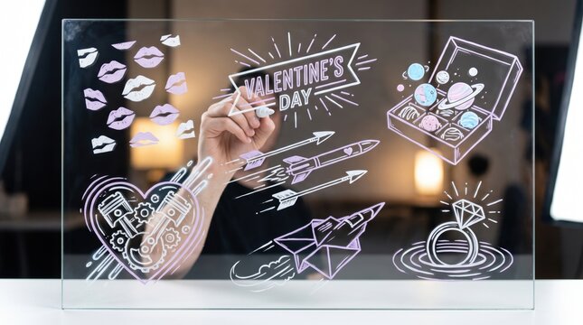 Romantic event marketing concept, hands interacting with icons of hearts with gears, diamond rings, lips, and paper planes, valentines day promotion, love concept, digital dating art