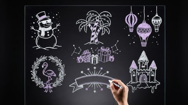 Winter holiday promotion concept, hands interacting with icons of snowmen, ice castles, hot air balloons, and gift boxes, christmas event marketing, seasonal festivities, digital art
