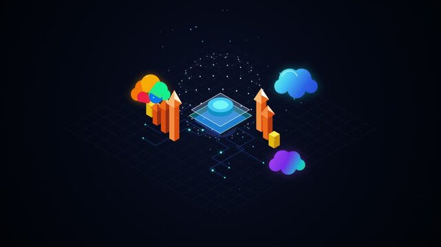 An isometric data server platform graphic with rising bar charts and glowing cloud symbols