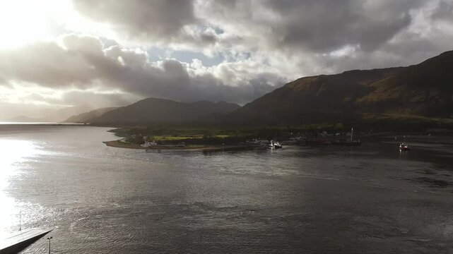 Autumn view of Corran Point Lighthouse from a drone, Ardgour Ferry Terminal, Fort William, Scotland, UK 