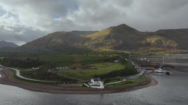 Autumn view of Corran Point Lighthouse from a drone, Ardgour Ferry Terminal, Fort William, Scotland, UK 