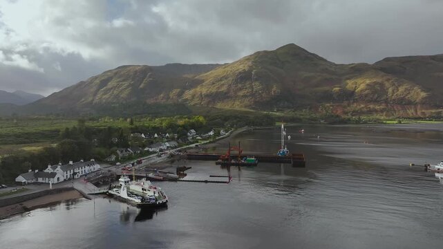 Autumn view of Corran Point Lighthouse from a drone, Ardgour Ferry Terminal, Fort William, Scotland, UK 