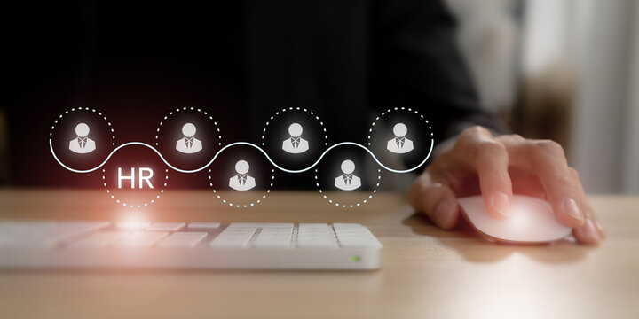 Human Resources Management Concept. HR Workforce Planning, Employee Network and Digital Recruitment. Using a computer with virtual HR interface and connected employee icons. Talent management.