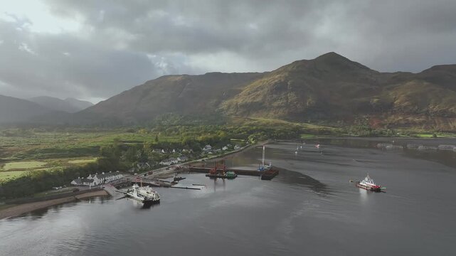 Autumn view of Corran Point Lighthouse from a drone, Ardgour Ferry Terminal, Fort William, Scotland, UK 