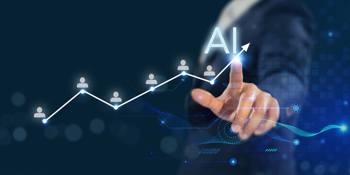 AI Workforce Growth Concept. Artificial Intelligence, Human Resources Development and Digital Business Transformation. Touching a virtual AI growth chart with employee icons and upward arrow.