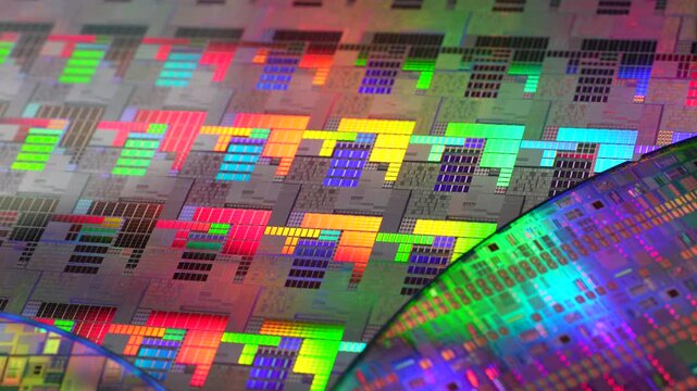 Macro of silicon wafer semiconductor with neon color, integrated circuits to manufacture CPU and GPU