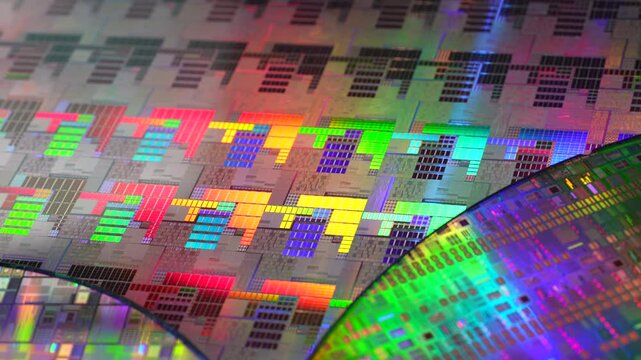 Macro of silicon wafer semiconductor with neon color, integrated circuits to manufacture CPU and GPU