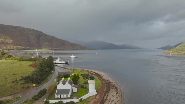 Autumn view of Corran Point Lighthouse from a drone, Ardgour Ferry Terminal, Fort William, Scotland, UK 