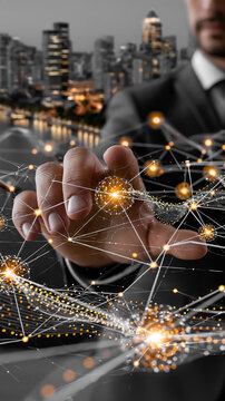 A businessman's hand glowing with a neural network against the backdrop of a night city, strategy  futuristic