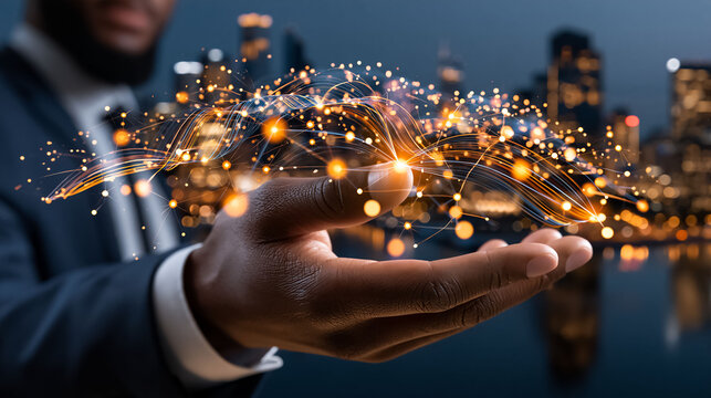 A businessman's hand presenting a glowing neural network against the backdrop of a night city