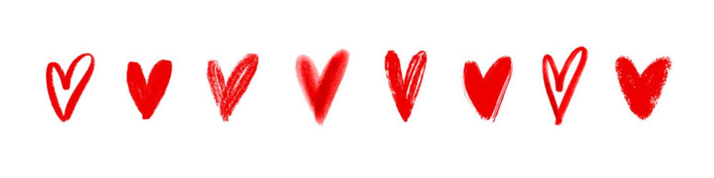 Set of Eight Red Hand Drawn Hearts with Brush Strokes and Grunge Textures Isolated on White