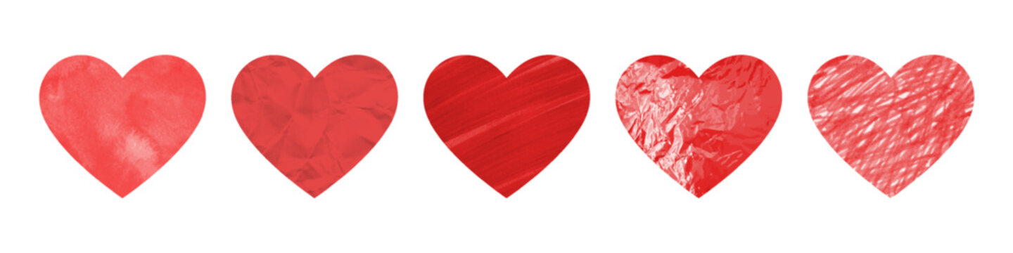 Set of Five Red Hearts with Watercolor, Crumpled Paper, Brush Stroke and Scribble Textures Isolated on White