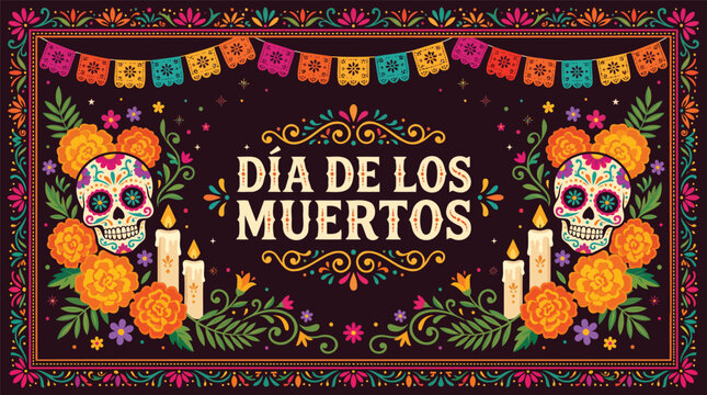 Dia de los muertos background with sugar skulls, marigold flowers, candles, and colorful papel picado banners for mexican day of the dead