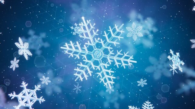 Rotating 3D glass ice snowflake pattern with orbiting crystal rings and falling snow