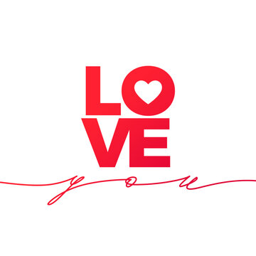 Minimalist Red Love You Typography with Stacked Letters, Negative Space Heart and Continuous Line Script