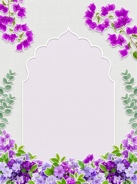 Purple bougainvillea floral frame with Islamic Mughal arch and blank copy space for invitation
