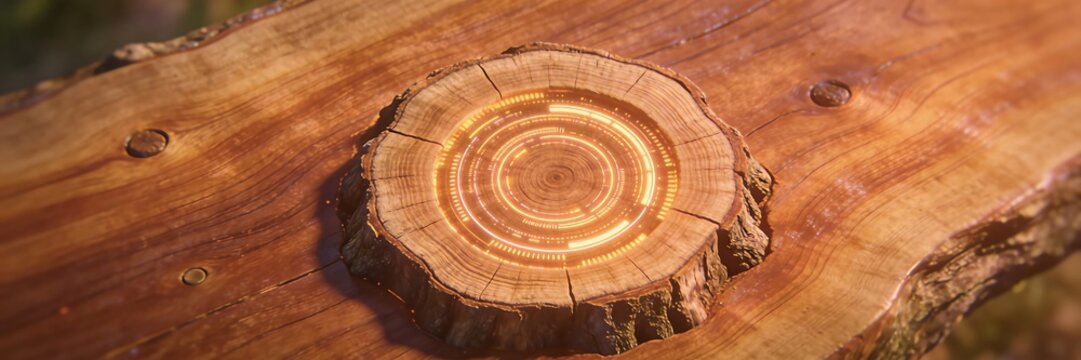 A tree wood cross section with concentric glowing amber data rings beneath polished grain reimagines technology as a natural organic growth pattern