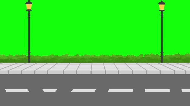2D Animated Empty City Street Road Scrolling Background Motion Graphic Green Screen Video