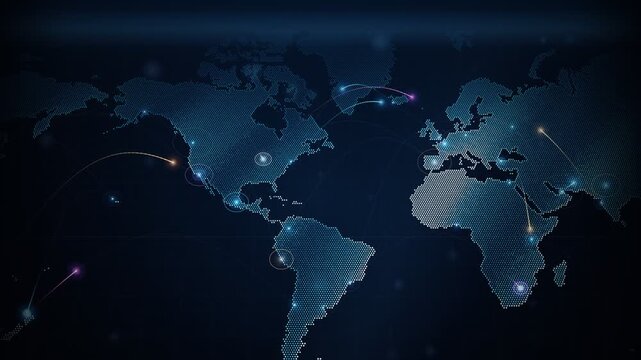 Slowly panning digital world map background with glowing dot continents and flight route arcs
