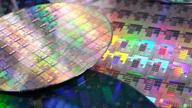 Macro of silicon wafer semiconductor with neon color, integrated circuits to manufacture CPU and GPU