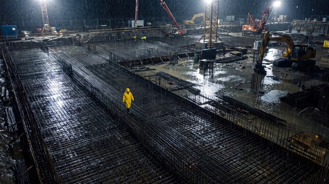 Construction Site Foundation Work at Night in Rain