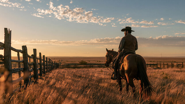 Cowboy Riding Horse on Ranch Pasture at Sunset
