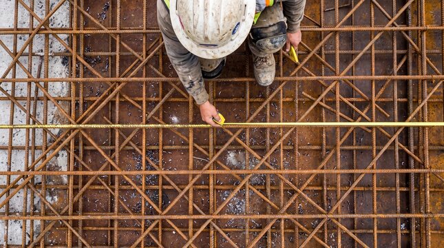 Construction Worker Measuring Rebar Grid with Tape Measure