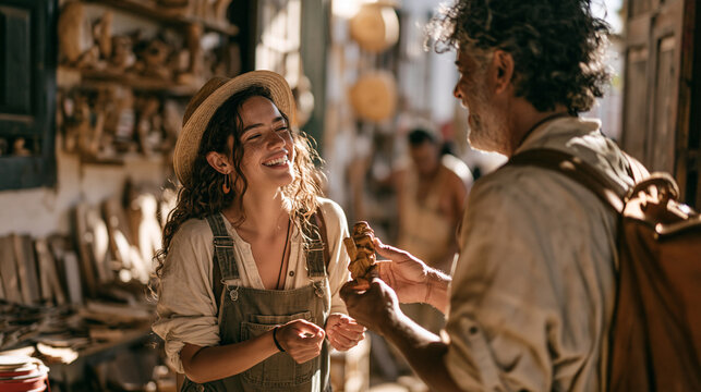 Happy Young Woman Looking at Wooden Souvenir with Artisan