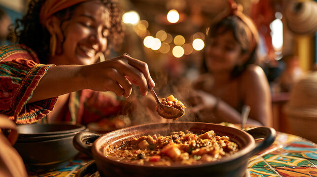 Woman Tasting Steaming Traditional Stew from Clay Pot at Restaurant