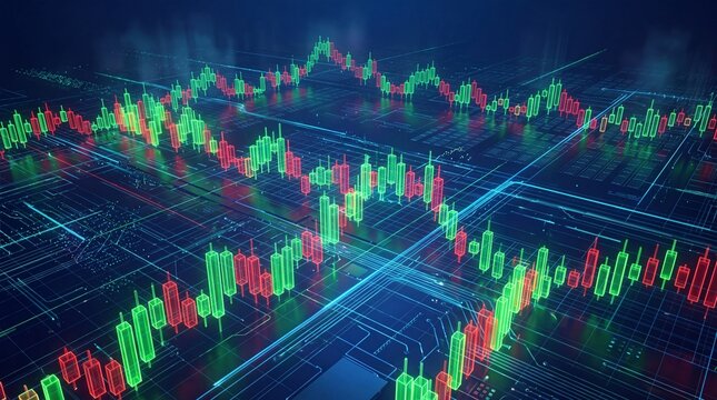 Stock Market Candlestick Chart with Digital Circuit Background