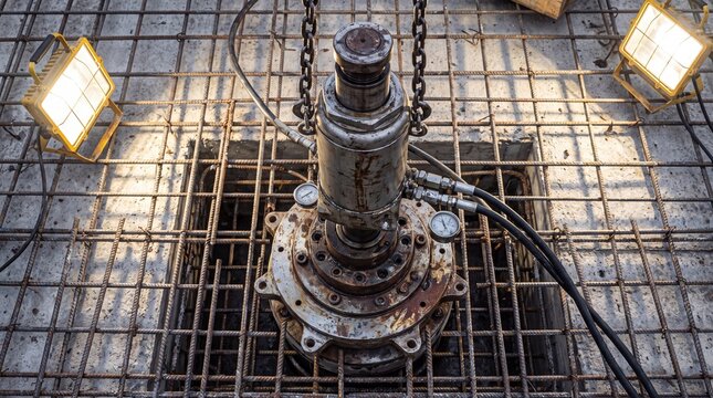 Hydraulic Jack Installed on Rebar Foundation at Construction Site