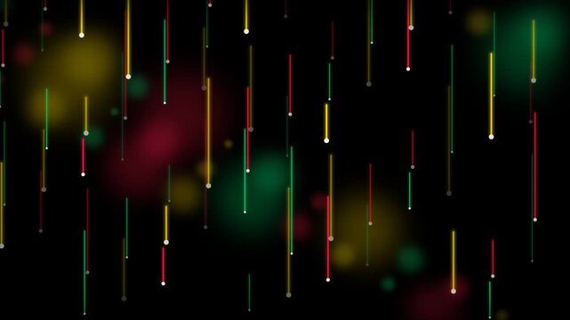 Dynamic vertical falling neon light streaks and glowing laser beams raining down smoothly in fast parallel motion, futuristic cyberspace data flow video overlay isolated on black background
