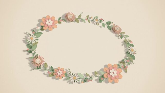 Paper cut floral wreath frame with pastel flowers and leaves tilting gently in 3D on cream, copy space