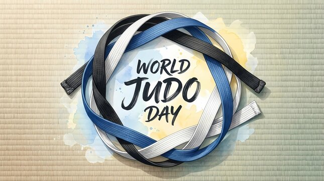 World Judo Day illustration featuring coiled black, white, and blue martial arts belts in a circle on a traditional tatami mat background with watercolor accents. Perfect for sports posters, banners, 