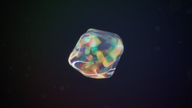 Iridescent opal translucent 3D shape morphing with spectral color flashes on dark background loop
