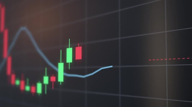 Candlestick chart builds an uptrend as camera pulls back from close-up to full trading chart with volume bars