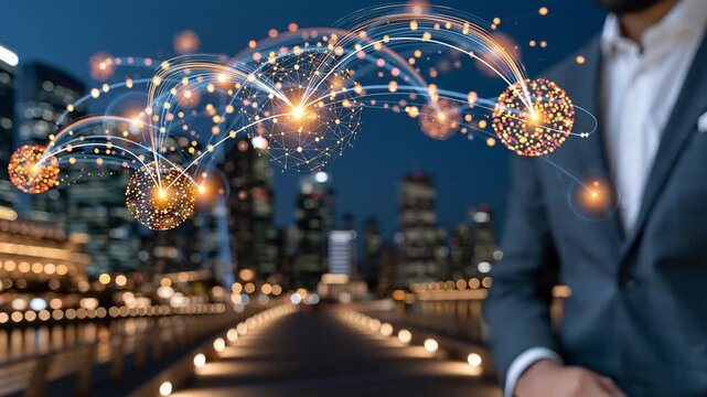 Businessman's hand presenting a glowing neural network against the backdrop of a night city, development concept
