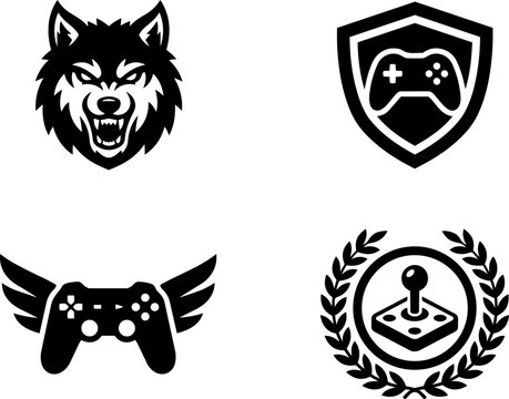 Black and white game badge icon set featuring a wolf head, gamepad shield, winged controller and joystick