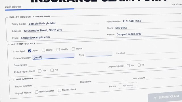 Online insurance claim form filled out on laptop for car damage, signed and submitted with green checkmark