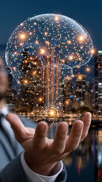 Businessman's hand presenting a illuminated neural network against the backdrop of a night city, development concept