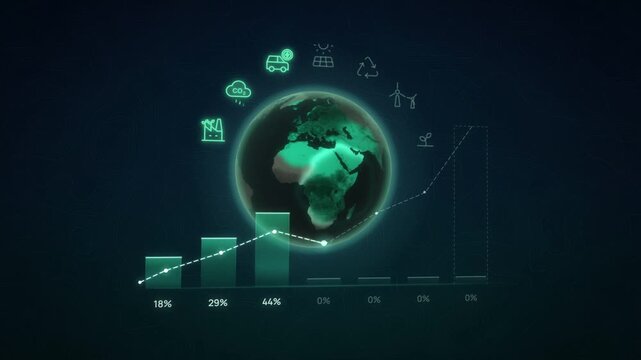 Net zero infographic with bar chart rising to 100 percent as globe turns green and eco icons light up