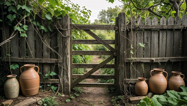 Rustic wooden garden gate framed by vines and clay pots