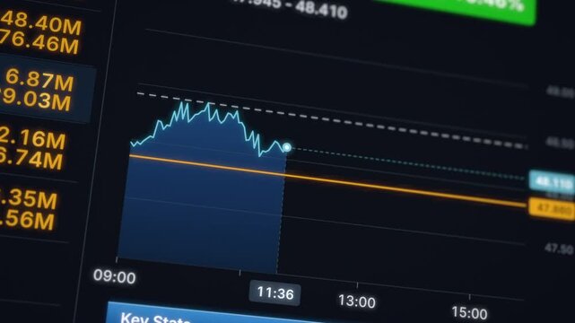 Intraday share price chart drops into red and rebounds to green as camera pulls back from trading screen