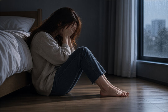 얼굴을 감싸고 우울해 하고 있는 여성
