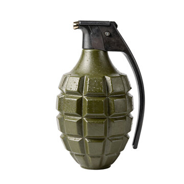 Green fragmentation hand grenade with a black lever and metal pin