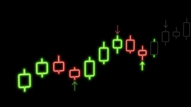 Green and red neon candlesticks light up one by one along an uptrend chart with up and down arrows on black