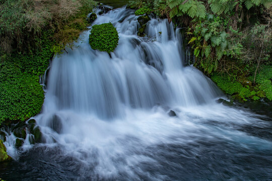 Small cascading waterfall flowing over rocks in a lush green forest setting with long exposure effect
