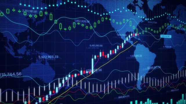 Candlestick trading chart uptrend over scrolling blue world map with volume bars and price data, seamless loop