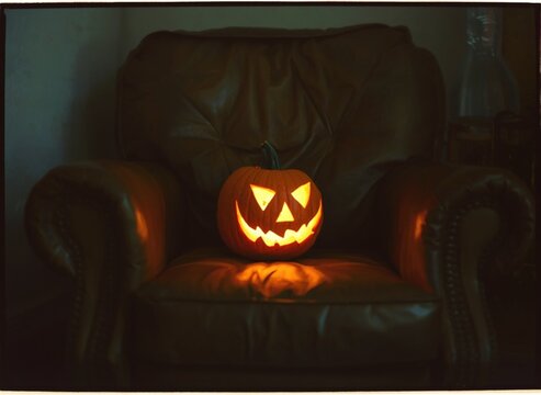 Glowing carved jackolantern resting upon a dark brown leather armchair inside dimly lit room during autumn seasonal holiday celebration featuring spooky atmospheric interior lighting casting warm oran