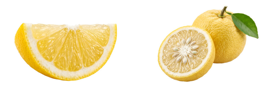 Citrus fruit Citrus limon, fresh yellow lemon whole and slice with seeds sour fruit zest citron zitrone lim&oacute;n レモン 柠檬 isolated on white background